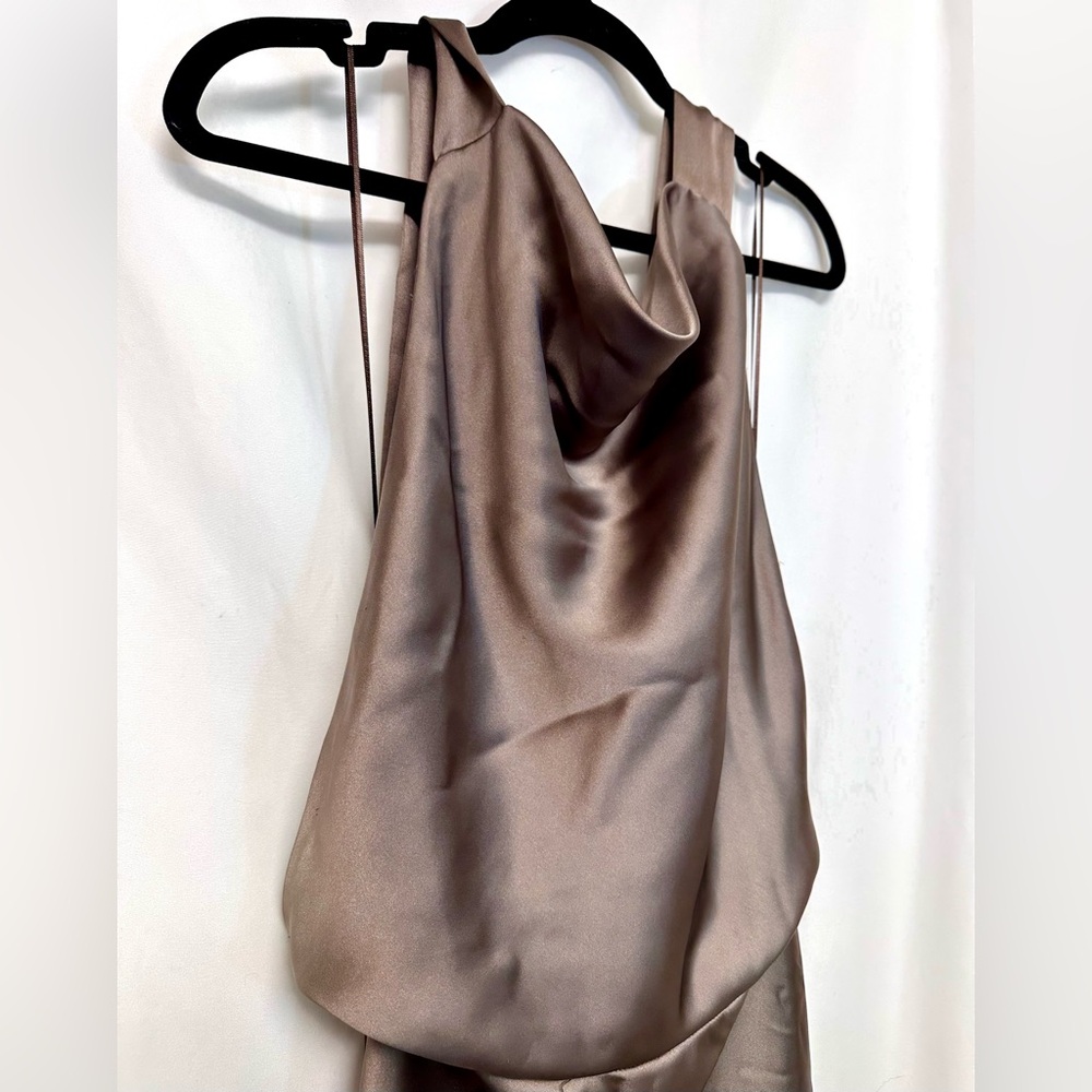 Zara Satin Cowl Neck Strapless Dress in Taupe - Picture 5 of 8